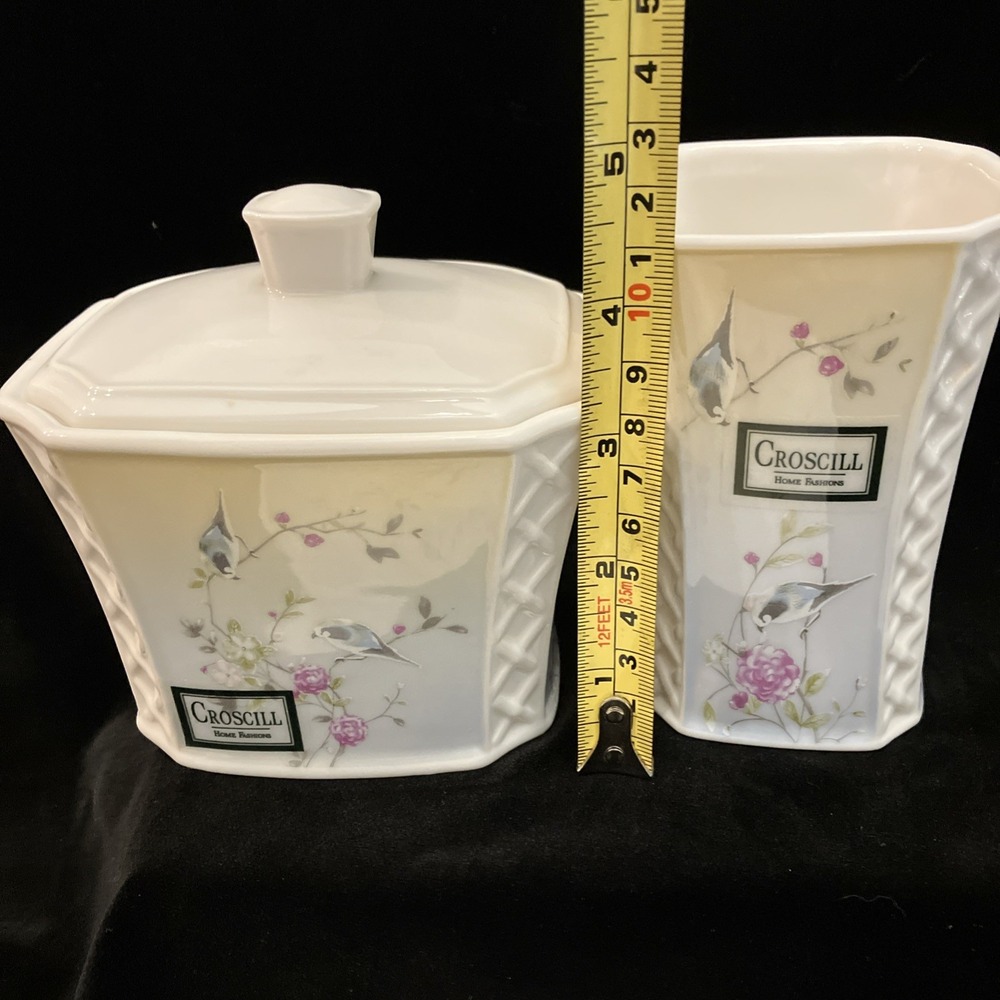 VTG Croscill Blue Wren Floral Lattice Bathroom 3 Pc Ceramic Vanity Rare Pattern - Picture 15 of 16